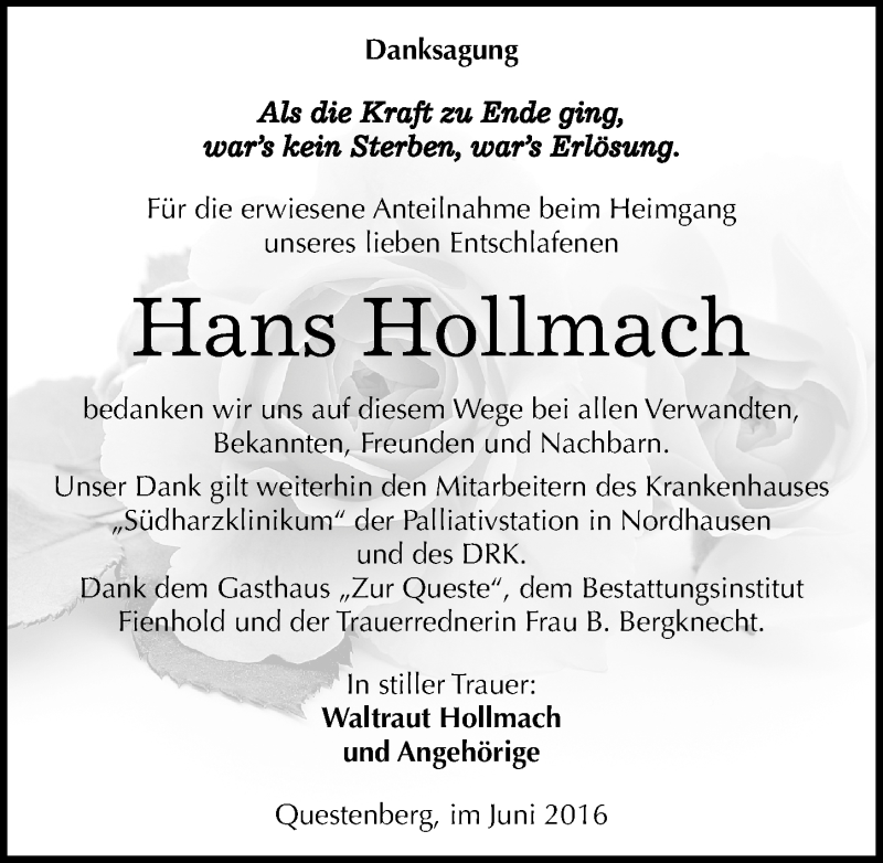  Traueranzeige für Hans Hollmach vom 16.07.2016 aus Mitteldeutsche Zeitung Sangerhausen