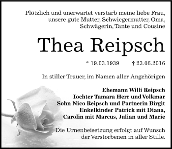 Traueranzeige von Thea Reipsch von Mitteldeutsche Zeitung Bernburg