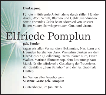 Traueranzeige von Elfriede Pomplun von WVG - Wochenspiegel Quedlinburg