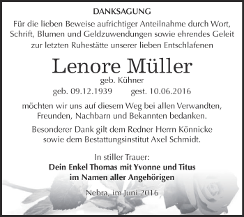 Traueranzeige von Lenore Müller von WVG - Wochenspiegel NMB / WSF / ZTZ