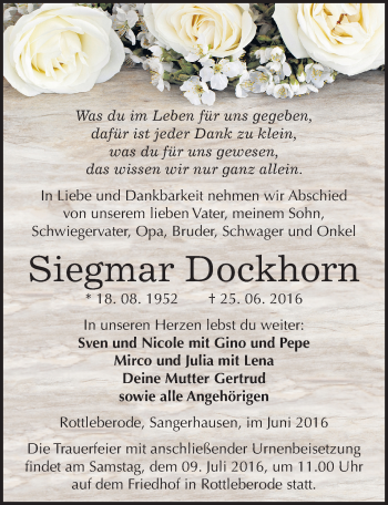 Traueranzeige von Siegmar Dockhorn von Mitteldeutsche Zeitung Sangerhausen