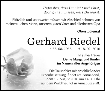 Traueranzeige von Gerhard Riedel von Mitteldeutsche Zeitung Wittenberg