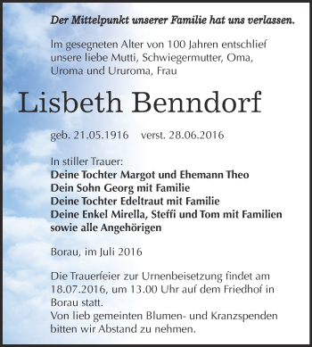 Traueranzeige von Lisbeth Benndorf von WVG - Wochenspiegel NMB / WSF / ZTZ