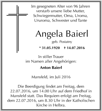 Traueranzeige von Angela Baierl von Mitteldeutsche Zeitung Mansfelder Land