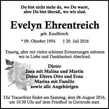 Traueranzeige von Evelyn Ehrentreich von WVG - Wochenspiegel Quedlinburg