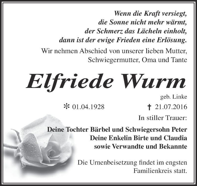  Traueranzeige für Elfriede Wurm vom 30.07.2016 aus WVG - Wochenspiegel Dessau / Köthen