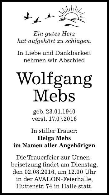 Traueranzeige von Wolfgang Mebs von Mitteldeutsche Zeitung Halle/Saalkreis