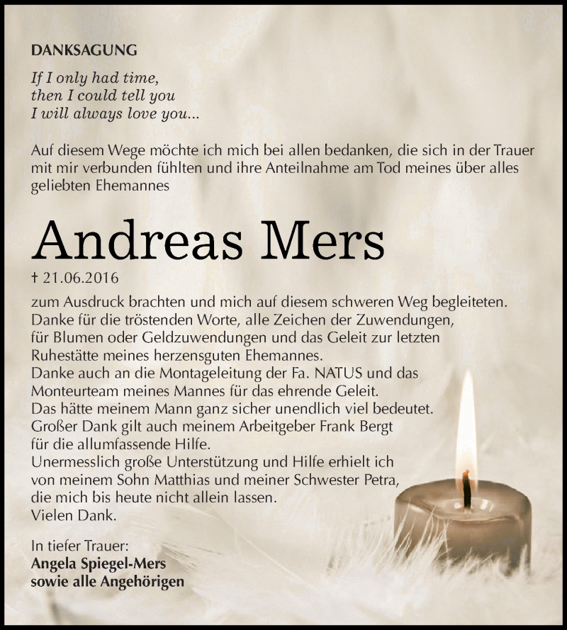  Traueranzeige für Andreas Mers vom 09.07.2016 aus WVG - Wochenspiegel Dessau / Köthen