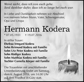 Traueranzeige von Hermann Kodera von Mitteldeutsche Zeitung Halle/Saalkreis