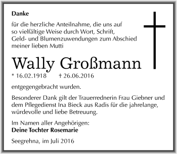 Traueranzeige von Wally Großmann von Mitteldeutsche Zeitung Wittenberg