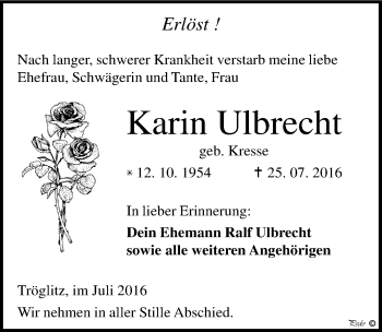 Traueranzeige von Karin Ulbrecht von Mitteldeutsche Zeitung Zeitz