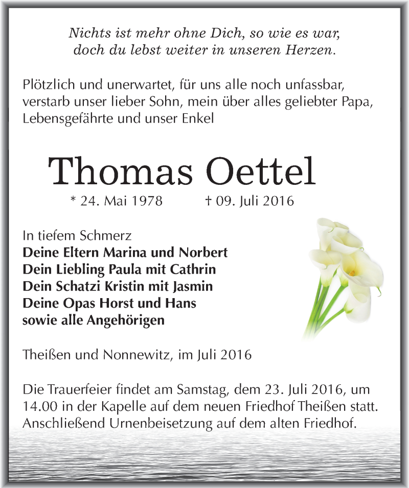  Traueranzeige für Thomas Oettel vom 16.07.2016 aus Mitteldeutsche Zeitung Zeitz