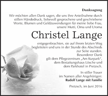 Traueranzeige von Christel Lange von WVG - Wochenspiegel Wittenberg