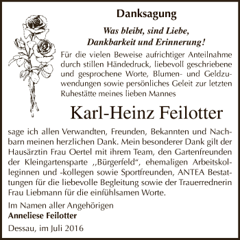 Traueranzeige von Karl-Heinz Feilotter von WVG - Wochenspiegel Dessau / Köthen