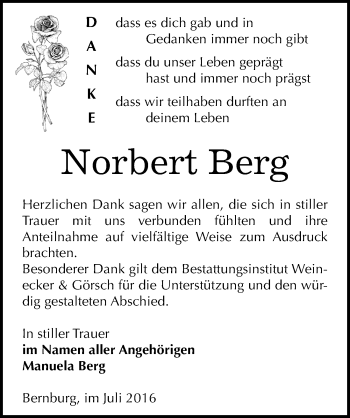 Traueranzeige von Norbert Berg von Mitteldeutsche Zeitung Bernburg