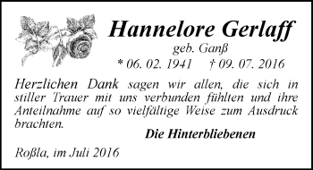 Traueranzeige von Hannelore Gerlaff von Mitteldeutsche Zeitung Sangerhausen