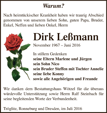 Traueranzeige von Dirk Leßmann von Super Sonntag Zeitz