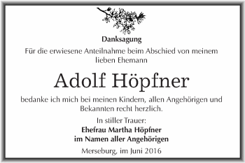 Traueranzeige von Adolf Höpfner von WVG - Wochenspiegel Merseburg