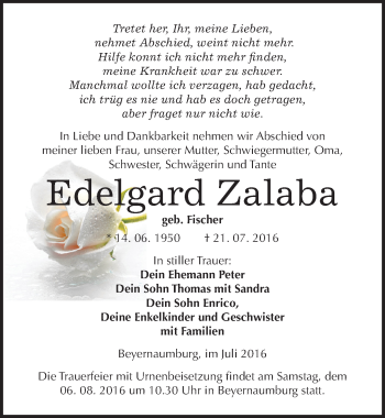 Traueranzeige von Edelgard Zalaba von Mitteldeutsche Zeitung Sangerhausen