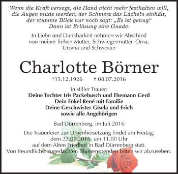 Traueranzeige von Charlotte Börner von Mitteldeutsche Zeitung Merseburg/Querfurt