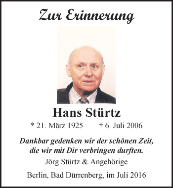 Traueranzeige von Hans Stürtz von Mitteldeutsche Zeitung Merseburg/Querfurt