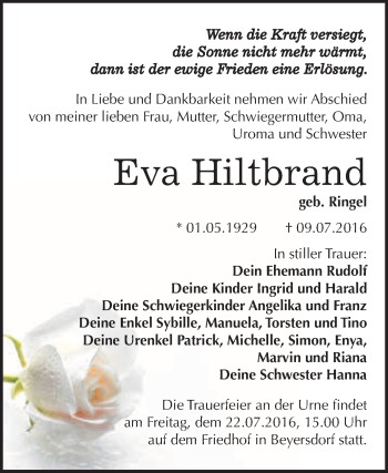 Traueranzeige von Eva Hiltbrand von WVG - Wochenspiegel Bitterfeld