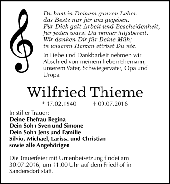 Traueranzeige von Wilfried Thieme von Mitteldeutsche Zeitung Bitterfeld