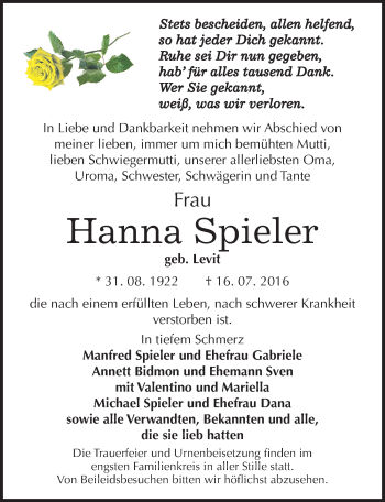 Traueranzeige von Hanna Spieler von Mitteldeutsche Zeitung Dessau-Roßlau