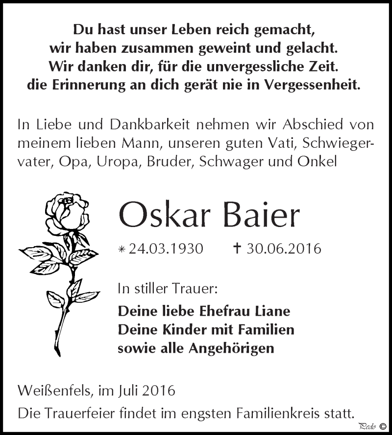  Traueranzeige für Oskar Baier vom 13.07.2016 aus WVG - Wochenspiegel NMB / WSF / ZTZ