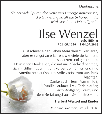 Traueranzeige von Ilse Wenzel von WVG - Wochenspiegel NMB / WSF / ZTZ