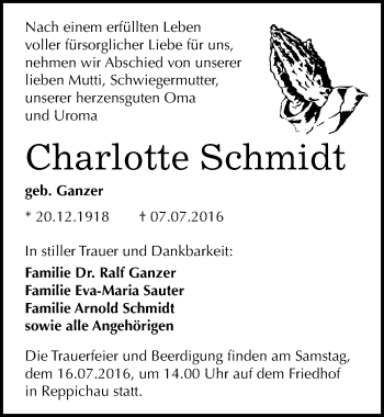 Traueranzeige von Charlotte Schmidt von Mitteldeutsche Zeitung Köthen