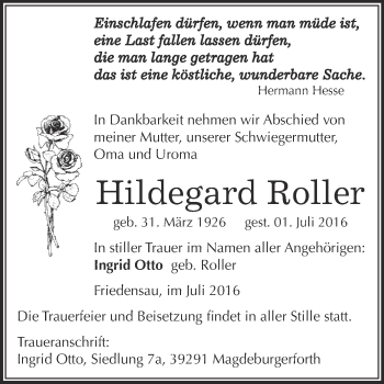 Traueranzeige von Hildegard Roller von Wochenspiegel Mansfelder Land