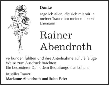 Traueranzeige von Rainer Abendroth von WVG - Wochenspiegel Bitterfeld