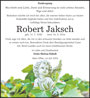Traueranzeige von Robert Jaksch von Mitteldeutsche Zeitung Köthen