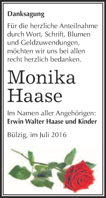 Traueranzeige von Monika Haase von Super Sonntag Wittenberg