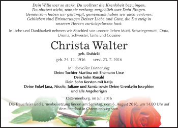 Traueranzeige von Christa Walter von Mitteldeutsche Zeitung Köthen