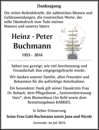 Traueranzeige von Heinz-Peter Buchmann von Mitteldeutsche Zeitung Quedlinburg