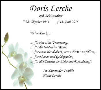 Traueranzeige von Doris Lerche von WVG - Wochenspiegel Dessau / Köthen