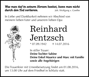 Traueranzeige von Reinhard Jentzsch von Mitteldeutsche Zeitung Bitterfeld