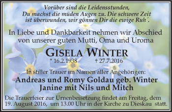 Traueranzeige von Gisela Winter von Mitteldeutsche Zeitung Halle/Saalkreis