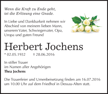 Traueranzeige von Herbert Jochens von Mitteldeutsche Zeitung Dessau-Roßlau