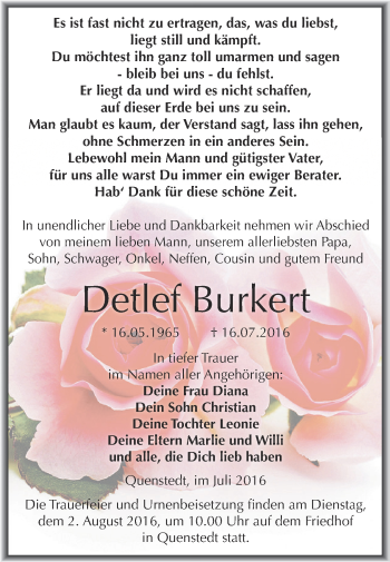 Traueranzeige von Detlef Burkert von Wochenspiegel Mansfelder Land