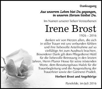 Traueranzeige von Irene Brost von Mitteldeutsche Zeitung Quedlinburg