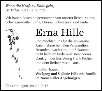 Traueranzeige von Erna Hille von Super Sonntag SGH Mansf. Land