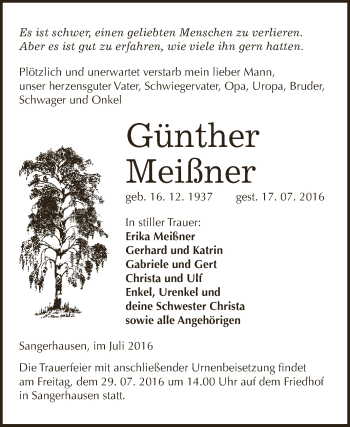 Traueranzeige von Günther Meißner von Super Sonntag SGH Mansf. Land
