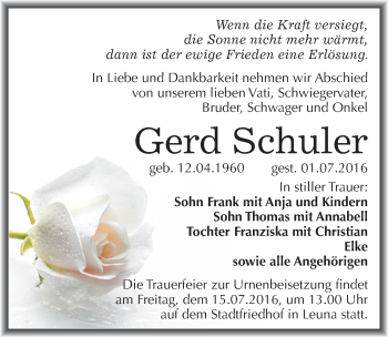 Traueranzeige von Gerd Schuler von Mitteldeutsche Zeitung Merseburg/Querfurt