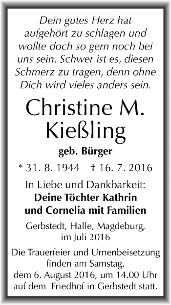 Traueranzeige von Christine Kießling von Mitteldeutsche Zeitung