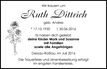 Traueranzeige von Ruth Dittrich von Mitteldeutsche Zeitung Dessau-Roßlau