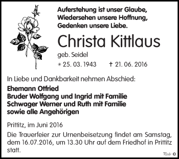 Traueranzeige von Christa Kittlaus von WVG - Wochenspiegel NMB / WSF / ZTZ