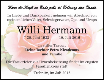 Traueranzeige von Willi Hermann von WVG - Wochenspiegel NMB / WSF / ZTZ